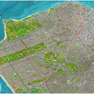 May include: A detailed, colorful map of San Francisco, California, showing the city's layout with streets, parks, and the surrounding water. The map includes a bridge, coastline, and various landmarks.