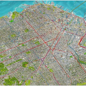 May include: A detailed, colorful map of San Francisco, California, with red and blue lines indicating routes. The map includes the text "San Francisco Bay" and a legend with color-coded information. The artwork is a detailed illustration of the city.