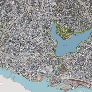 Carte d'Oakland en Californie. 32" X 23,5" Affiche tous les transports en commun et les bâtiments 3D. Carte BART