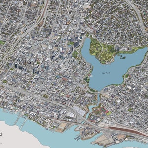 Map of Oakland CA. 32" X 23.5" Shows all transit and 3d Buildings. BART map