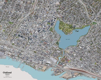 Map of Oakland CA. 32" X 23.5" Shows all transit and 3d Buildings. BART map