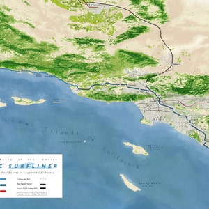 May include: A map of Southern California showing the geographic routes of the Amtrak Pacific Surfliner and other passenger rail routes. The map shows the Pacific Surfliner, commuter rail, rapid transit, and high-speed rail routes. The map is labelled "Geographic Route of the Amtrak Pacific Surfliner and Other Passenger Rail Routes in Southern California."