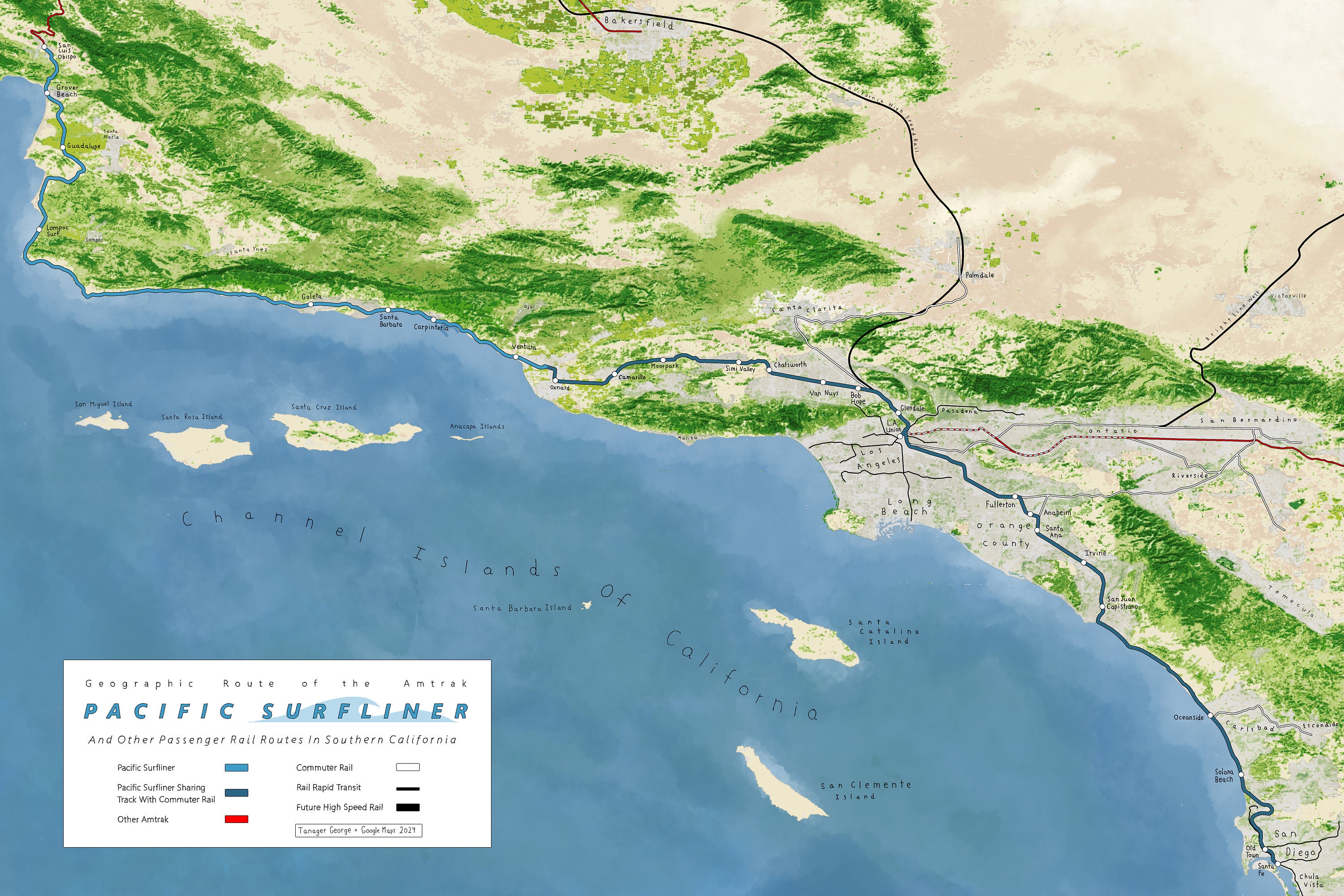 Map of Amtrak Surfliner Southern California Train Route Map 16 X 24 Inches