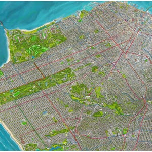 May include: A detailed aerial map illustration of San Francisco featuring a dense urban grid, green parks, and blue water bodies. Red lines trace transit routes across the city, with a legend in the bottom left corner showing vehicle icons.