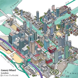 Dibujo aéreo de Canary Wharf, Londres, 25 x 25 cm