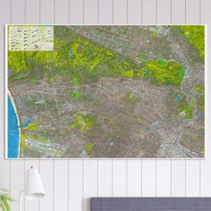 40" x 60" karta över Los Angeles som visar kollektivtrafik och byggnader