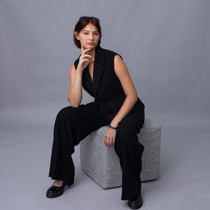 Black elongated waistcoat with belt/ classic waistcoat/ business waistcoat/ office waistcoat/ black viscose and linen waistcoat/