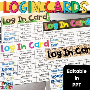 Cartes de connexion modifiables pour les élèves Noms d'utilisateur et mots de passe Organisation de la classe