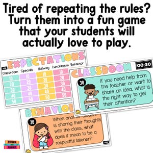 May include: Educational game cards with colorful designs. The cards feature the words "Expectations", "Classroom", and "Behavior". The text on the cards includes questions and point values. The image also includes the text "Tired of repeating the rules? Turn them into a fun game that your students will actually love to play."