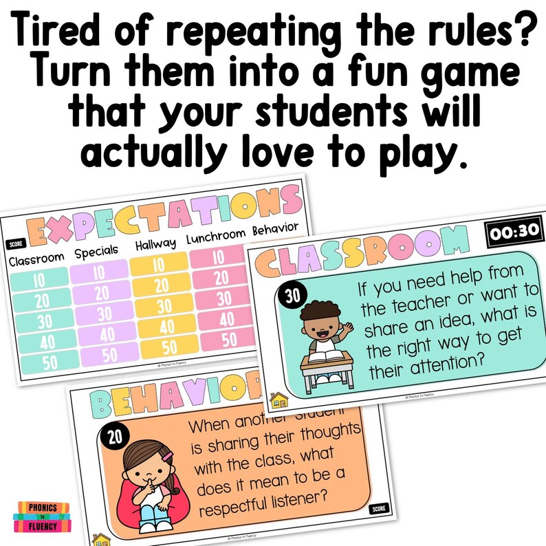 May include: Educational game cards with colorful designs. The cards feature the words "Expectations", "Classroom", and "Behavior". The text on the cards includes questions and point values. The image also includes the text "Tired of repeating the rules? Turn them into a fun game that your students will actually love to play."