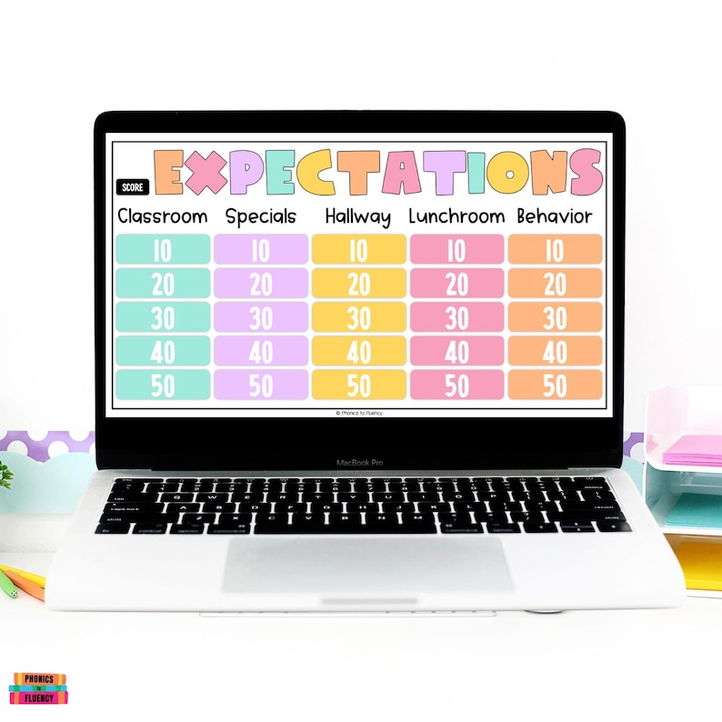 May include: A laptop displays a colorful chart titled "EXPECTATIONS" with categories like Classroom and Behavior. The chart has rows of numbers from 10 to 50 in various pastel colors. The laptop is open on a white desk.