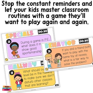 May include: Educational classroom game cards with questions about behavior, hallway conduct, and specials. The cards feature colorful illustrations and text, with the text "Stop the constant reminders and let your kids master classroom routines with a game they'll want to play again and again."