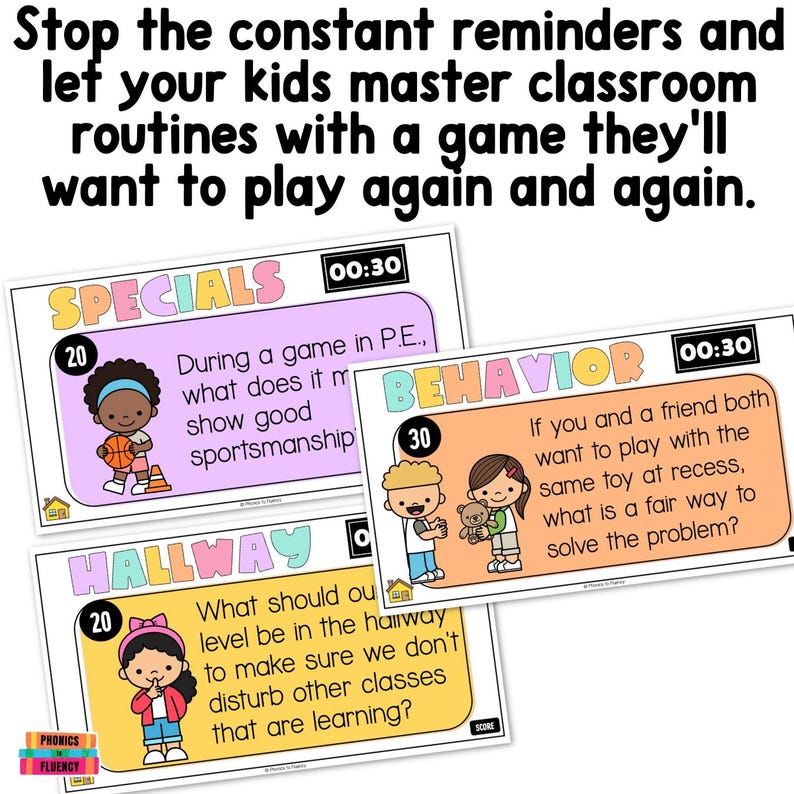 May include: Educational classroom game cards with questions about behavior, hallway conduct, and specials. The cards feature colorful illustrations and text, with the text "Stop the constant reminders and let your kids master classroom routines with a game they'll want to play again and again."