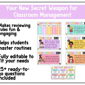 May include: A classroom management tool with the text "Your New Secret Weapon for Classroom Management." The image includes editable cards with questions about classroom expectations, specials, and behavior. Also included is a scoreboard.