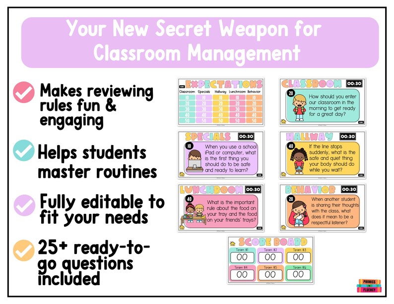 May include: A classroom management tool with the text "Your New Secret Weapon for Classroom Management." The image includes editable cards with questions about classroom expectations, specials, and behavior. Also included is a scoreboard.