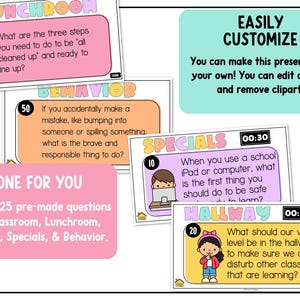 May include: A collection of colorful educational cards with questions about classroom behavior, lunchroom rules, hallway etiquette, and specials. The cards are designed to be easily customizable and include pre-made questions for various topics.