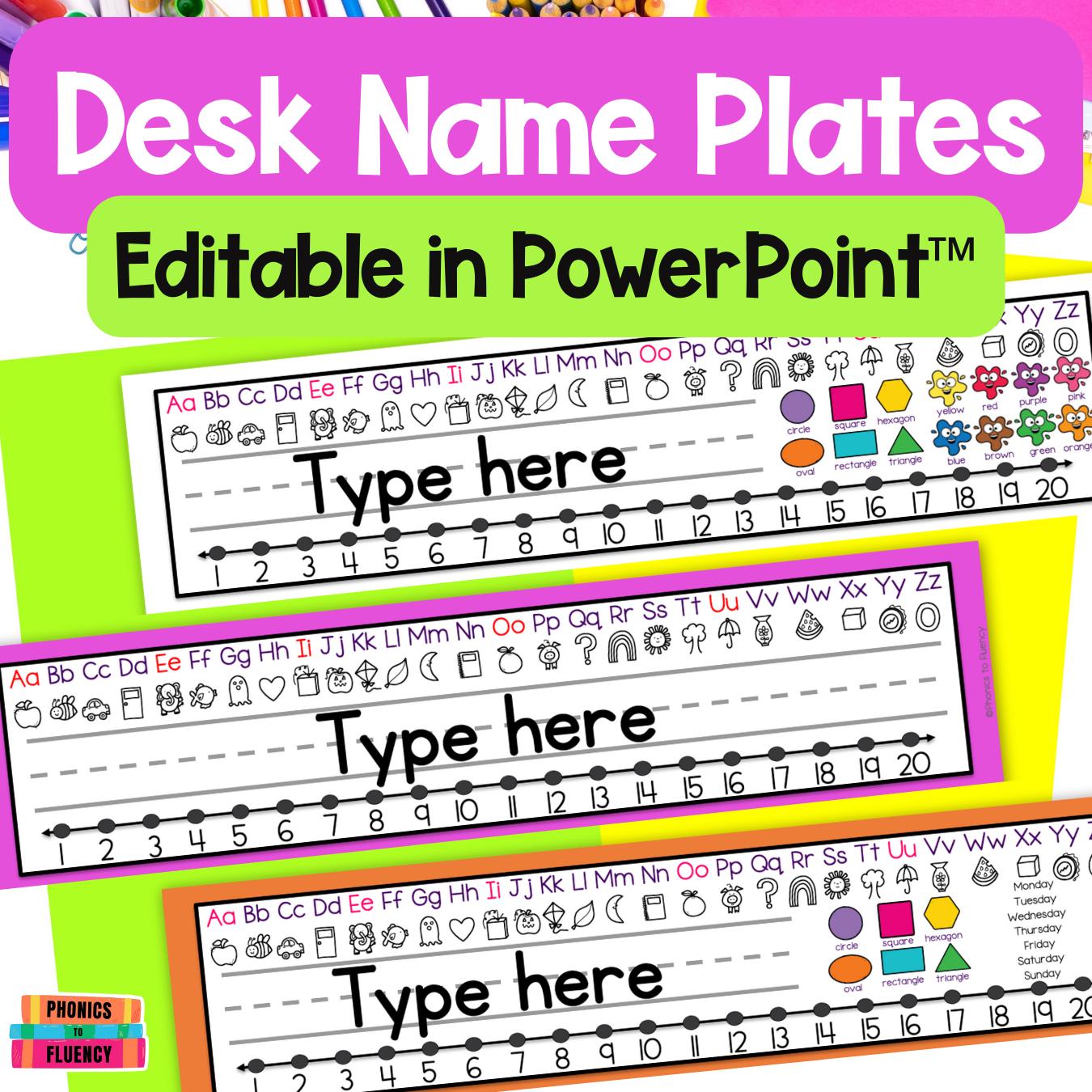 Editable Student Desk Name Plates: Alphabet, Numbers, Shapes (PDF)