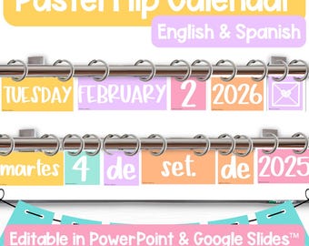 Pastel Classroom Calendar: Bilingual English & Spanish, Editable Cards