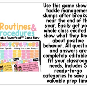 May include: A colorful educational game show template for classroom routines and procedures. The design includes the title "Routines & Procedures" and "Editable PowerPoint Game Show". The game show features categories like "Expectations" and includes editable questions and answers.
