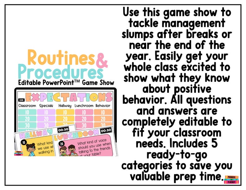 May include: A colorful educational game show template for classroom routines and procedures. The design includes the title "Routines & Procedures" and "Editable PowerPoint Game Show". The game show features categories like "Expectations" and includes editable questions and answers.