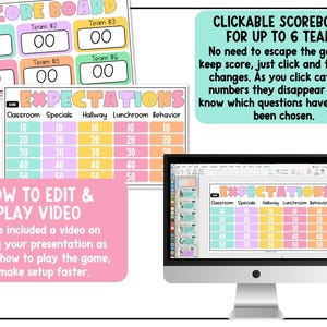 May include: A computer monitor displays a colorful game board with the word "EXPECTATIONS" at the top. The image includes a scoreboard for up to six teams and instructions on how to edit and play the game.