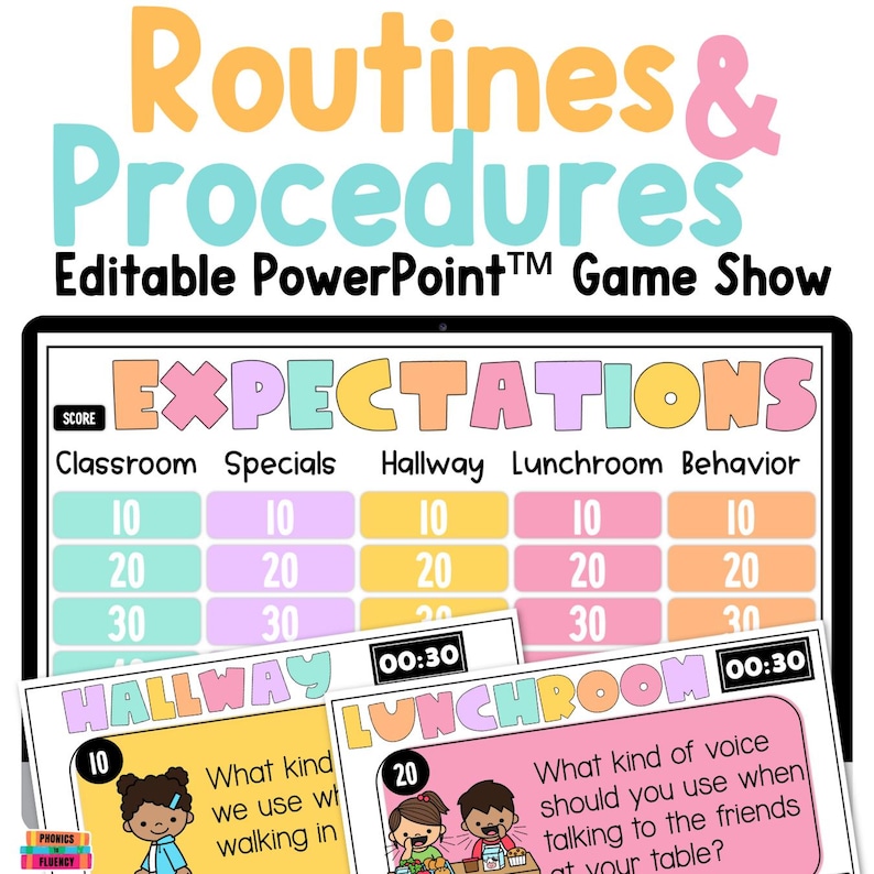 May include: A colorful digital game show titled "Routines & Procedures" with the text "Editable PowerPoint Game Show." The game board displays "Expectations" with categories like Classroom and Hallway. Below are cards with questions about classroom behavior.