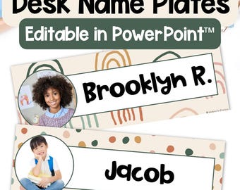 Editable Boho Desk Name Plates: Photo Tags, Classroom Decor (PPT)