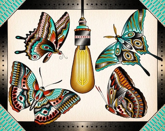 Moths on the Porch / Tattoo Flash Art by Zack Taylor / 11”x14” Print Non-framed Highest Quality Archival Photo Paper