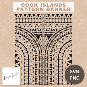 Könnte beinhalten: Ein Banner mit Cook Islands-Mustern mit beigem Hintergrund und schwarzen Stammesdesigns. Das Banner enthält oben den Text "COOK ISLANDS PATTERN BANNER". Das Bild enthält auch den Text "SVG PNG" und die Signatur des Künstlers.