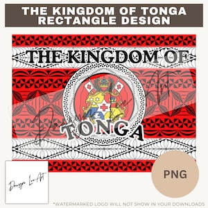 Puede incluir: Un diseño rectangular con el texto "THE KINGDOM OF TONGA" en negro. El diseño incorpora patrones rojos, negros y blancos, con un emblema central de Tonga. La palabra "TONGA" se muestra prominentemente dentro del emblema.