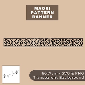 May include: Black and white Maori pattern banner with a distressed texture. The banner is 60 cm by 7 cm and comes in SVG and PNG formats with a transparent background. The text "MAORI PATTERN BANNER" is at the top of the image.