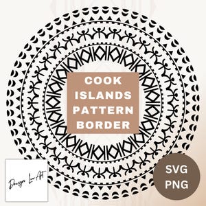 Puede incluir: Diseño de borde con patrón geométrico en blanco y negro con el texto "COOK ISLANDS PATTERN BORDER" en un rectángulo marrón. El diseño recuerda al arte tradicional polinesio.