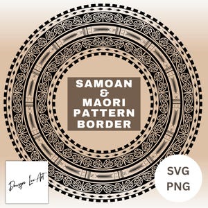 Puede incluir: Diseño circular en blanco y negro con patrones intrincados, etiquetado como "Borde de patrón samoano y maorí".