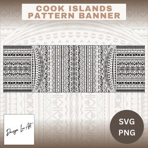 Może przedstawiać: Czarno-biały baner z geometrycznym wzorem z tekstem "Cook Islands Pattern Banner" u góry i "SVG PNG" na dole. Baner został zaprojektowany z tradycyjnymi wzorami polinezyjskimi.