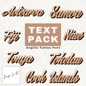 May include: A digital illustration of a text pack featuring the names of various islands in a brown and white stylized font. The text includes: Aotearoa, Samoa, Fiji, Niue, Tonga, Tokelau, Cook Islands. The text is set against a background of a brown and white pattern.