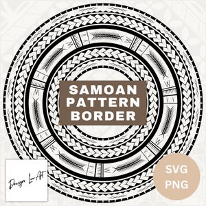 Pode incluir: Design de borda de padrão samoano em preto e branco. O design apresenta um padrão circular com várias camadas de detalhes intrincados. O texto "Samoan Pattern Border" é exibido no centro do design.