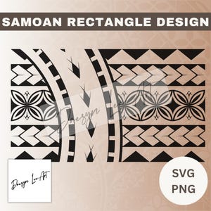 Könnte beinhalten: Schwarz-weißes samoanisches Rechteck-Design mit geometrischen Mustern. Das Design umfasst florale und pfeilartige Formen, mit dem Text "SAMOAN RECTANGLE DESIGN" oben. Das Bild enthält auch den Text "SVG PNG" und die Signatur des Künstlers.