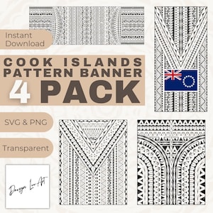 May include: A digital design pack featuring Cook Islands pattern banners in black and white. The design includes four banners with intricate geometric patterns, the Cook Islands flag, and the text "COOK ISLANDS PATTERN BANNER 4 PACK".