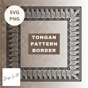Może przedstawiać: Czarno-biały wzór granicy wzoru tongańskiego. Granica składa się z powtarzających się kształtów geometrycznych. Tekst "TONGAN PATTERN BORDER" znajduje się w środku obrazu.