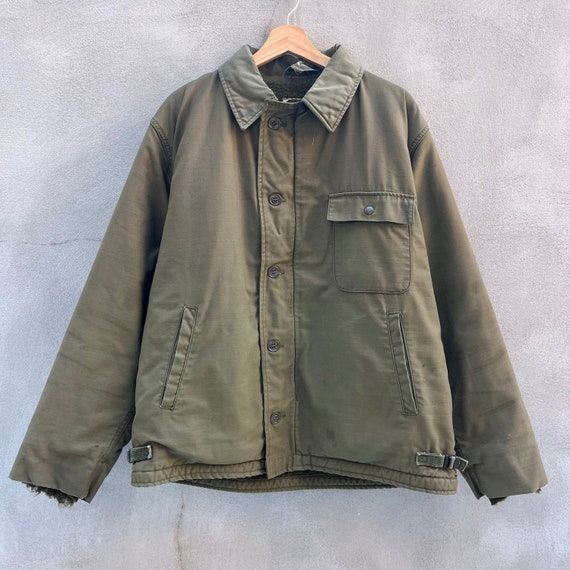 Authentic US Navy Military Deck Jacket, Made in USA, Men's Size L, Vintage unclear Khaki type Vintage Second Hand