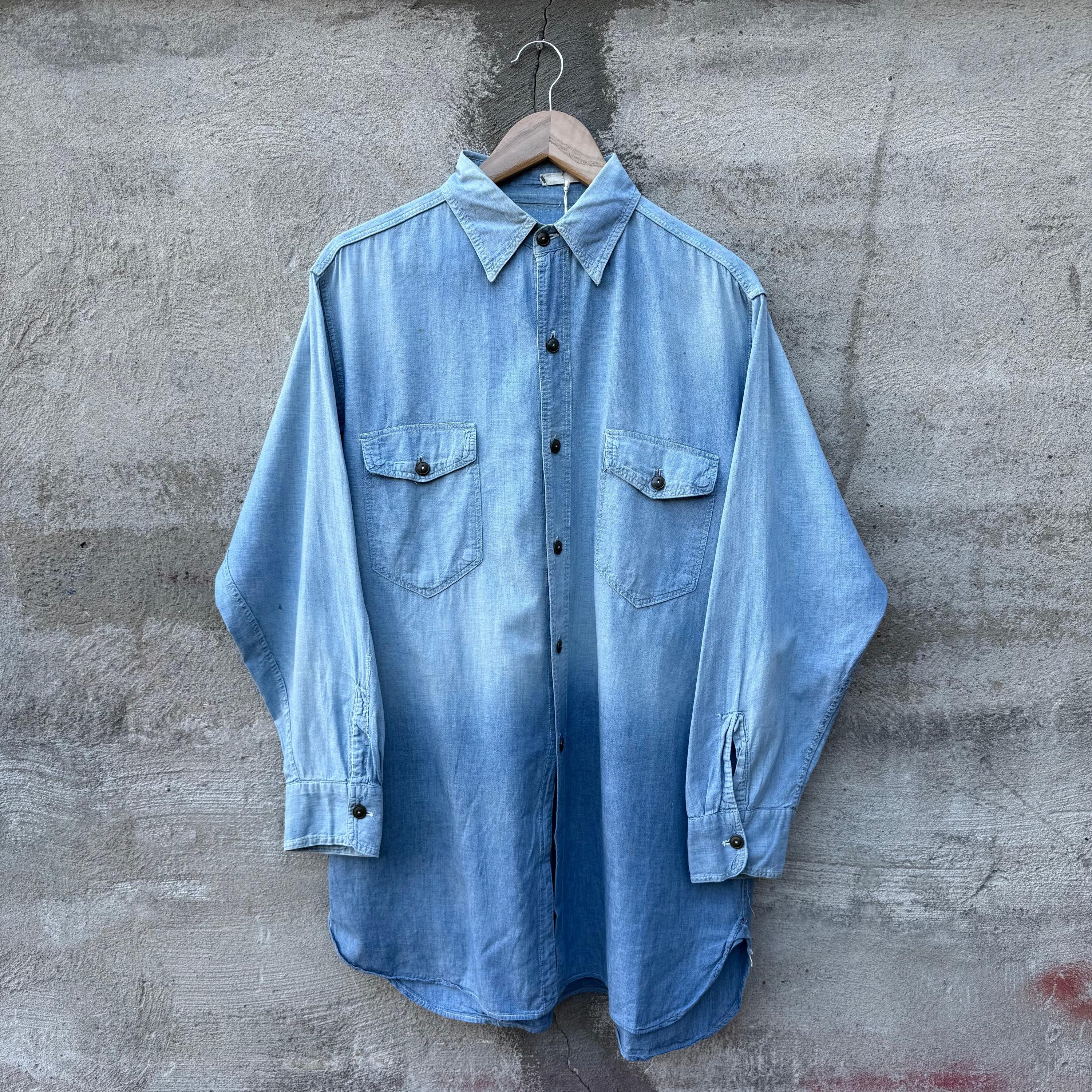 40-50's♪U.S. NAVY VINTAGE CHAMBRAY SHIRT USN 希少レアシャンブレーシャツビンテージマチ付き軍物ミリタリー古着ステンシル14 US NAVY] Chambray shirt with gusset [40s ~ 50s] Vintage Chambray