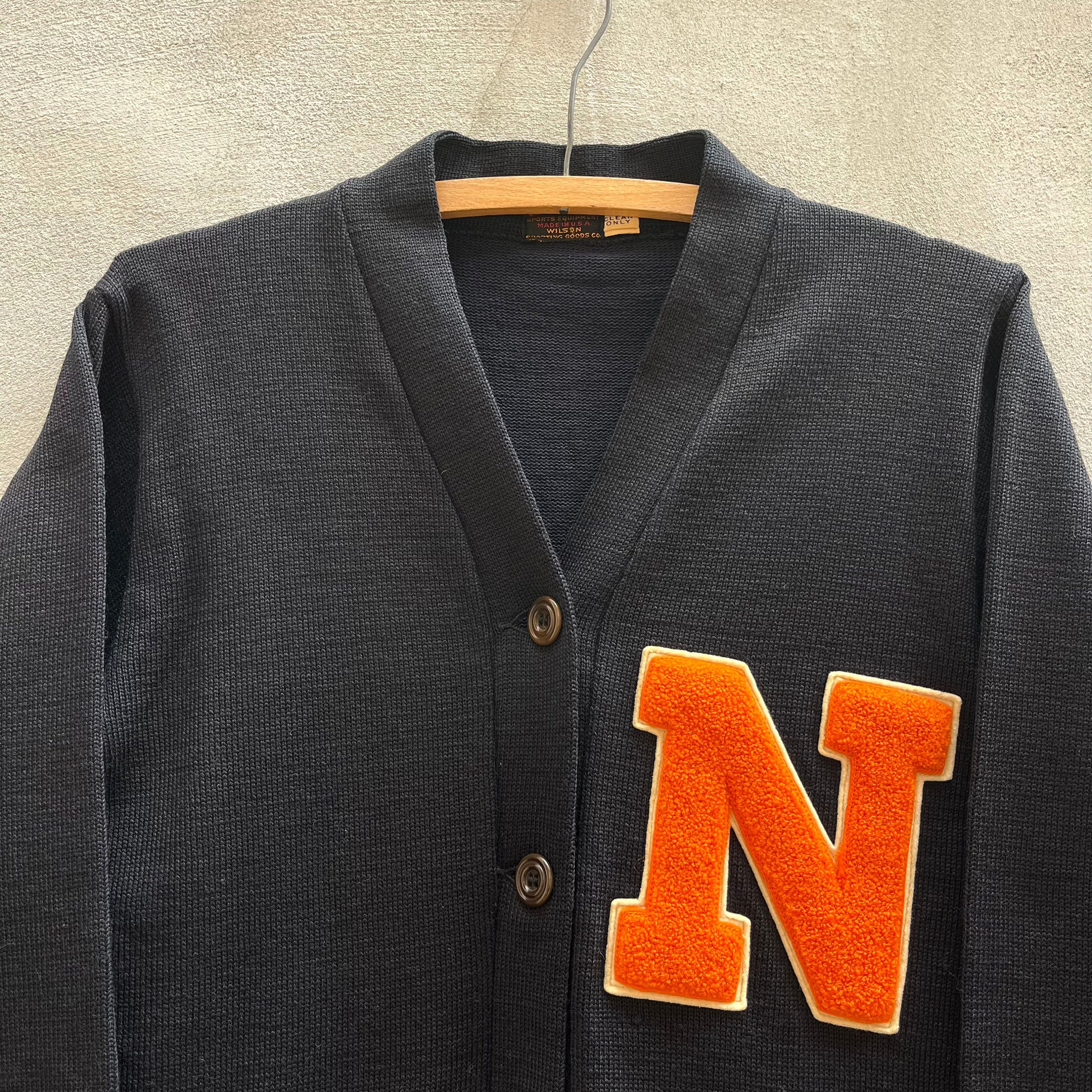 トップス 50s-60s WILSON lettered cardigan black 1950s Black Wool Knit Varsity Cardigan | Small | Shaker