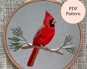 Winter Cardinal Bird Embroidery Pattern | Thread Painting Tutorial | Digital Download PDF