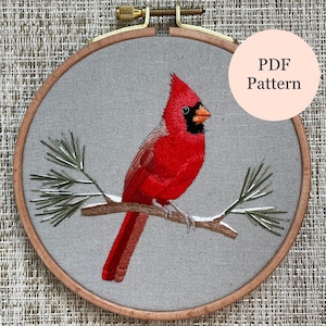 Winter Cardinal Bird Embroidery Pattern | Thread Painting Tutorial | Digital Download PDF