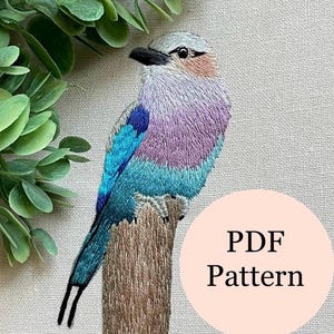 鳥の刺繍パターン | 糸絵チュートリアル | ライラック色のブレストローラー | デジタルダウンロードPDF