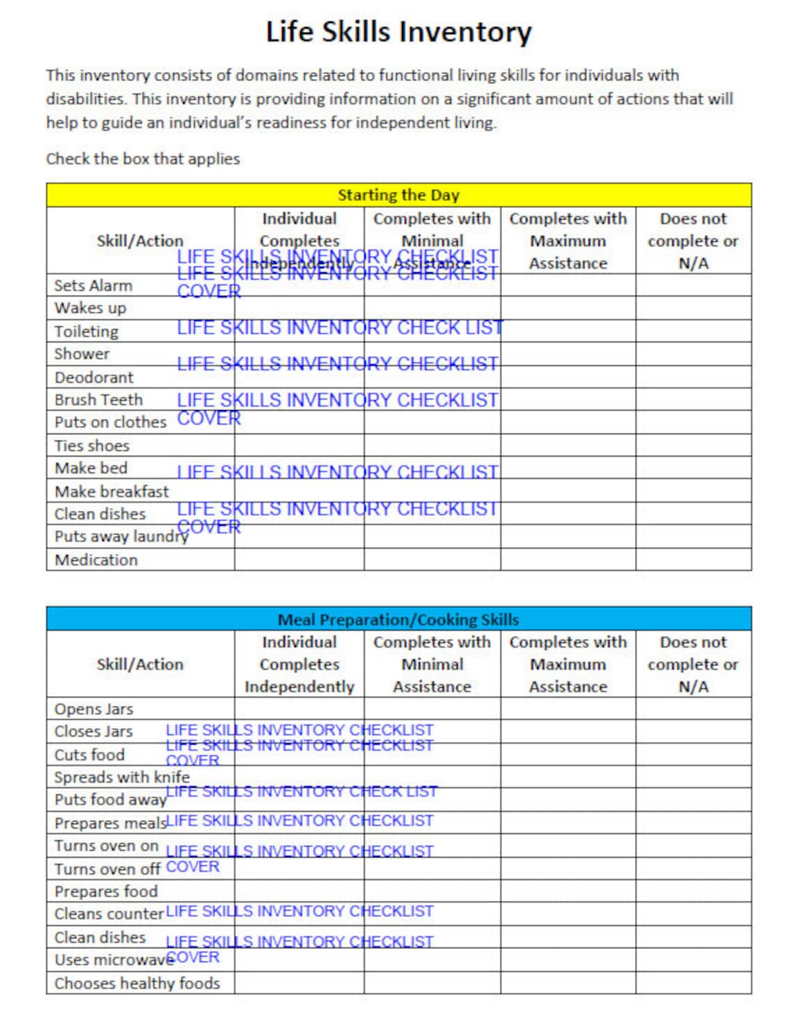 Life Skill Inventory Checklist Life Skills Assessment Transition