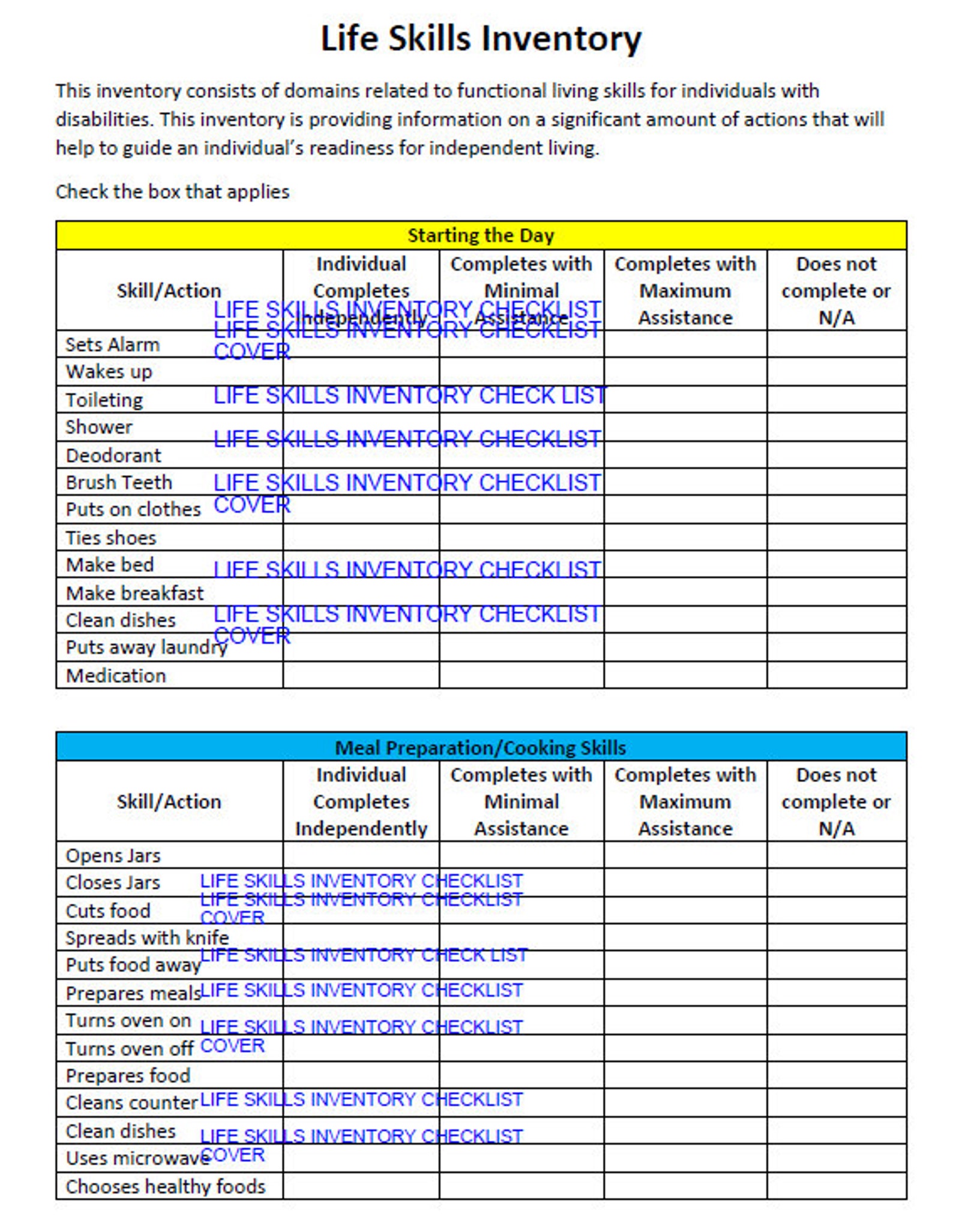 Life Skill Inventory Checklist Life Skills Assessment Transition