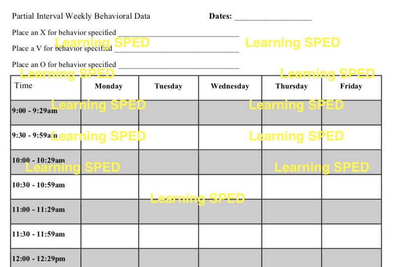 Behavior Data Sheet Weekly Time Interval Data Etsy