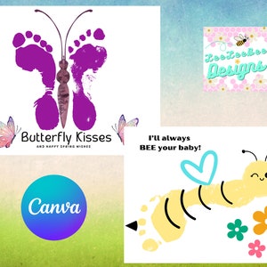 Può includere: Due modelli stampabili per impronte di piedi di bambino. Un modello presenta una farfalla viola con il testo "Butterfly Kisses and Happy Spring Wishes". L'altro modello presenta un'ape gialla con il testo "I'll always BEE your baby!" e un cuore blu.