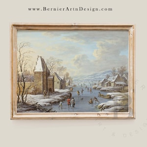 Antique Winter Landscape Print, Farmhouse Christmas Skating Scene (Digital Download)